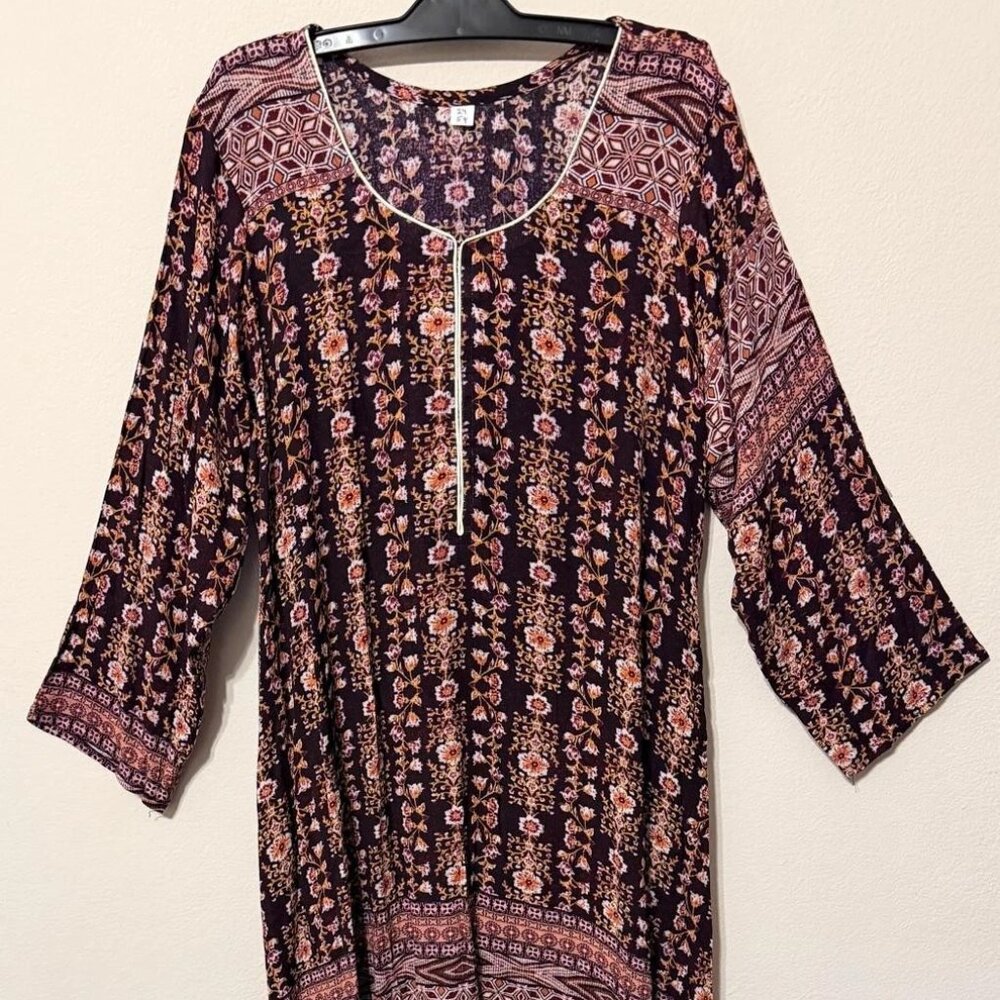 Women's Kaftan Loose Maxi Shirt Dress Brown Maroon Flower Print Lounge Wear XL